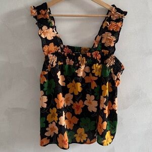 Who What Wear Floral Ruffle Top - Black, Orange, Green